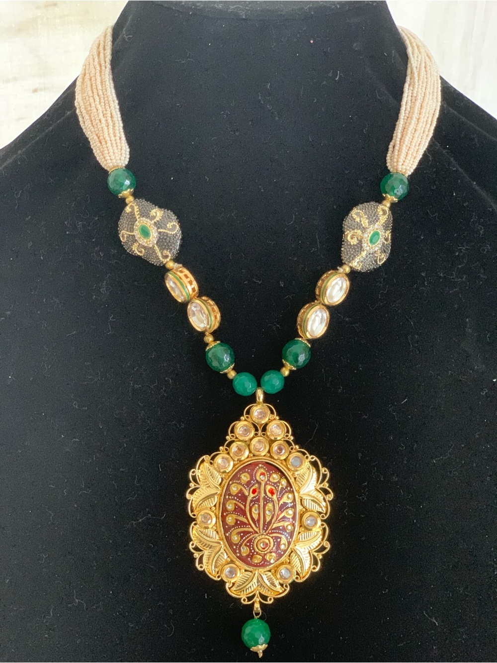 Indian Pakistani Bridal Festive Gold-Tone Green Beaded Pendant Necklace